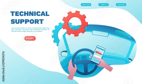 City transport concept, car sharing service, driver holding smartphone call tech support, rent vehicle, businessman order ride, rental mobile app, flat ui design, cabin inside, landing page