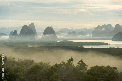 Beautiful scene seascape in the morning sunrise of Samed Nang She (or Samed Nang chee ) is the best and famous view point on Phang nga bay in Southern Thailand.