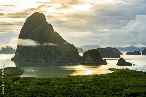 Beautiful scene seascape in the morning sunrise of Samed Nang She (or Samed Nang chee ) is the best and famous view point on Phang nga bay in Southern Thailand.