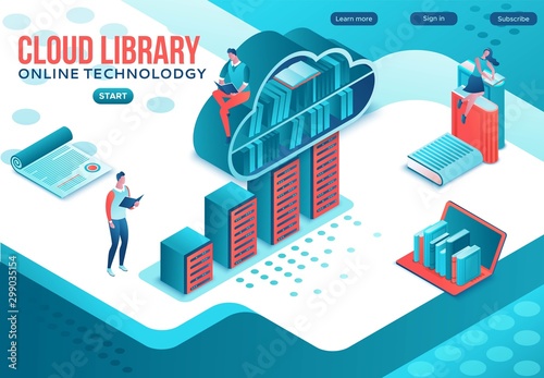 Library online isometric landing page, digital education concept, people read book on laptop, study dictionary at university, cloud computing, information database, website template design