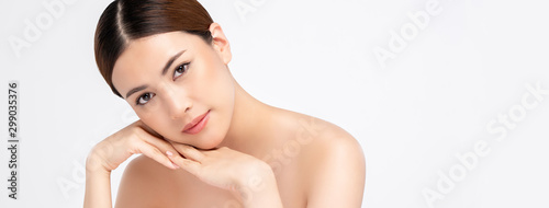 Asian woman on white banner background for beauty and skincare concepts