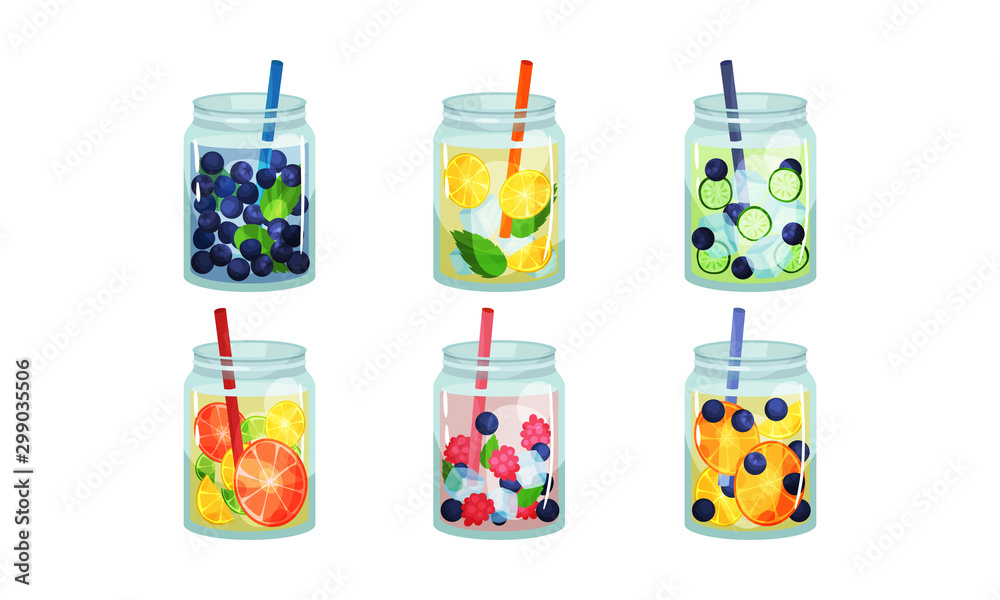 Obraz premium Fruit and Vegetable Cold Fresh Beverages Poured in Glass Jars With Straw Vector Set