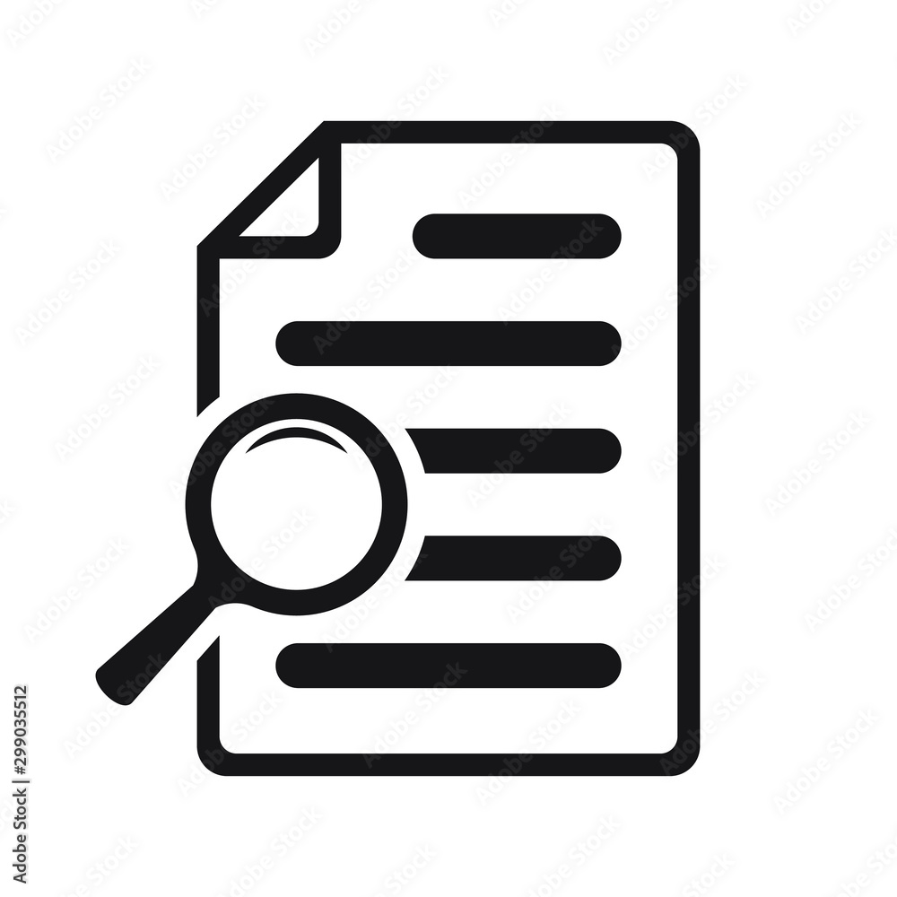 File search icon, document search, vector isolated. Document with magnifier loupe business concept. File search icon, document search, vector isolated. Document with magnifier loupe business concept.