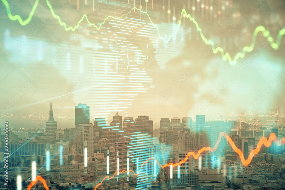 Forex graph on city view with skyscrapers background multi exposure. Financial analysis concept. Forex graph on city view with skyscrapers background multi exposure. Financial analysis concept.