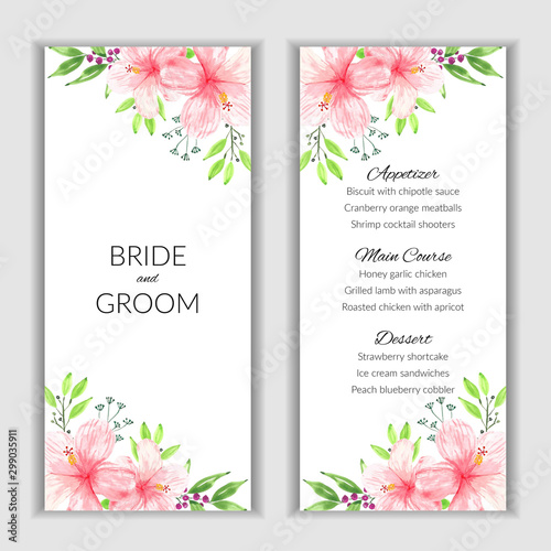 Floral menu card with watercolor pink hibiscus decoration