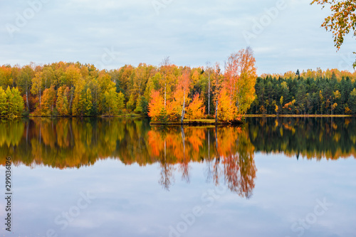 Beautiful autumn landscape. Reflection of the autumn forest in the lake.