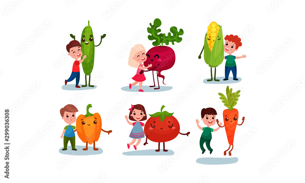 Girls and boys hugging with humanized vegetables. Vector illustration.