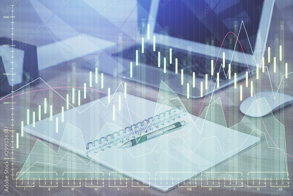 Fototapeta premium Multi exposure of chart and financial info and work space with computer background. Concept of international online trading.