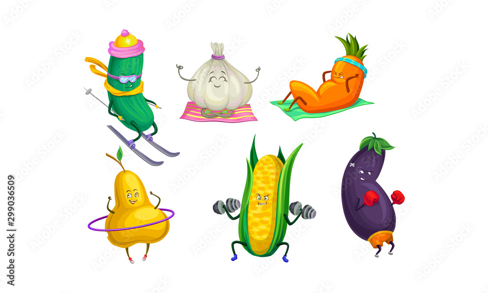 Naklejka premium Humanized vegetables and fruits athletes. Vector illustration.