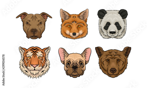 Realistic heads of wild animals and dogs. Vector illustration.