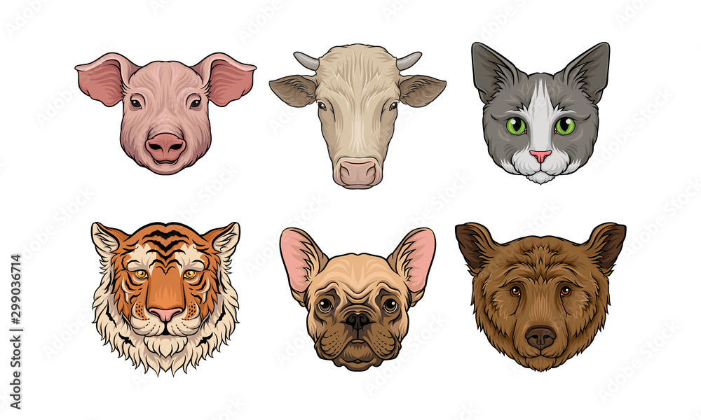Set of realistic farm and wild animals heads. Vector illustration. Set of realistic farm and wild animals heads. Vector illustration.
