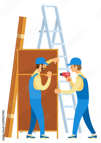 Repairman drilling screw in locker, manual furniture assembly. Craftsman in uniform and cabinet, wooden object, renovation symbol, electronic tool. Vector illustration in flat cartoon style