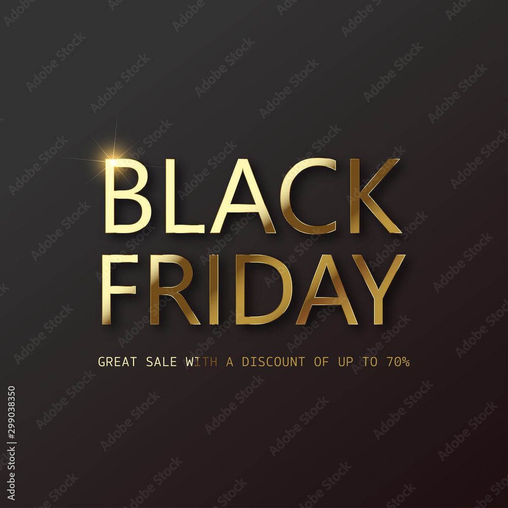 Black Friday sale card with golden confetti text on black. Vector
