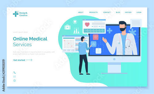 Online medical service, monitor of computer with portrait view of doctor, screen of cardiogram, diagnos of pacient, healthcare website vector. App slider or webpage template, landing page flat style