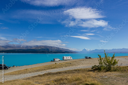 ampervan on a campsite at Lake Pukaki with Mt Cook as a Background, South Island New Zealand photo