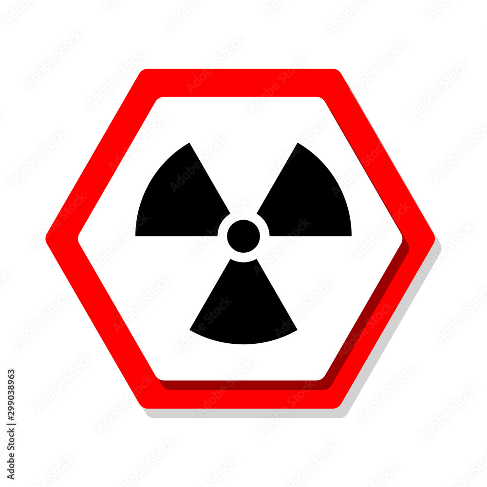 Radioactive sign. Red Hexagonal signboard. Flat style illustration. Isolated on white background. Radioactive sign. Red Hexagonal signboard. Flat style illustration. Isolated on white background.