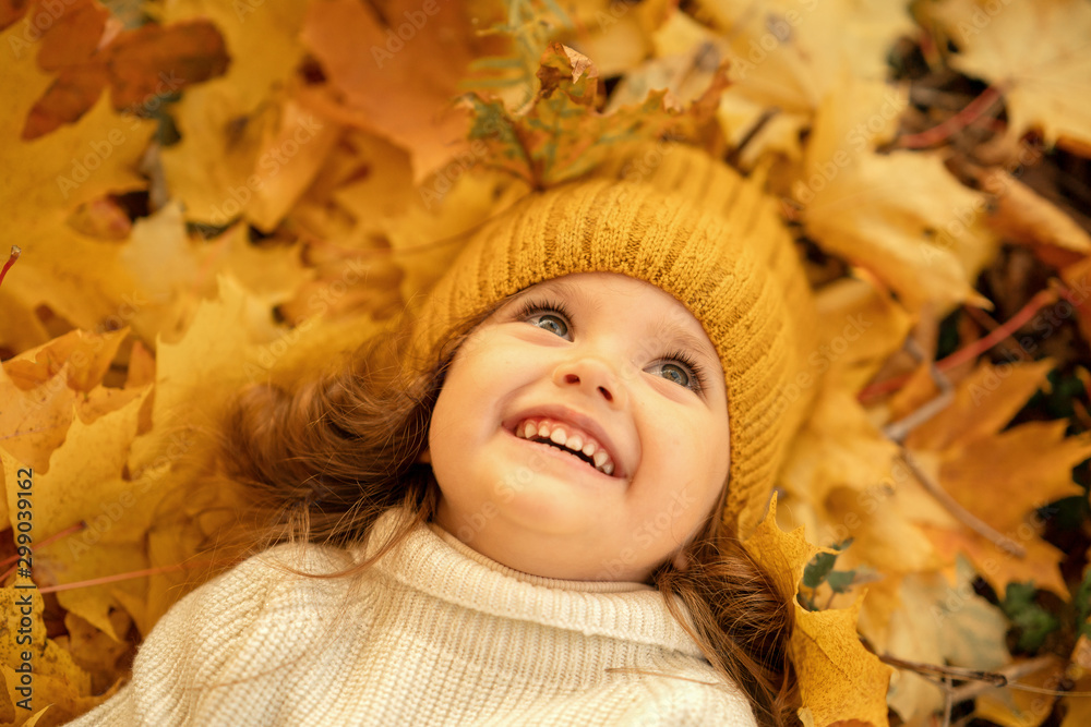overhead view of cute child lying in yellow autumn leaves