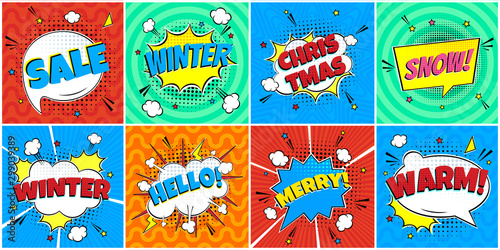 8 Comic Winter Lettering In The Speech Bubbles Comic Style Flat Design. Dynamic Pop Art Vector Illustration Isolated On Rays Background. Exclamation Concept Of Comic Book Style Pop Art Voice Phrases.