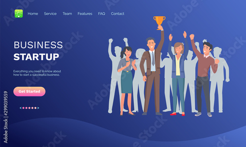 Man holding golden award, people with rising hands, business startup. Teamwork progress and success, portrait view of workers, company vector. Blue website or webpage template, landing page flat style