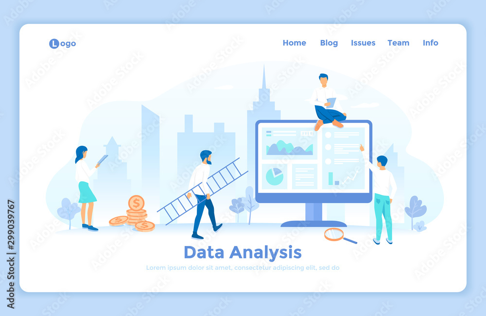 Data Analysis, Accounting, Analytics, Report, Research, Planning. Charts, diagrams, graphs on the monitor screen. landing web page design template decorated with people characters.