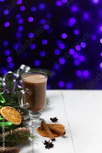 cup cappuccino hot drink new year cinnamon atmosphere bokeh festive lights blur vertical location photos
