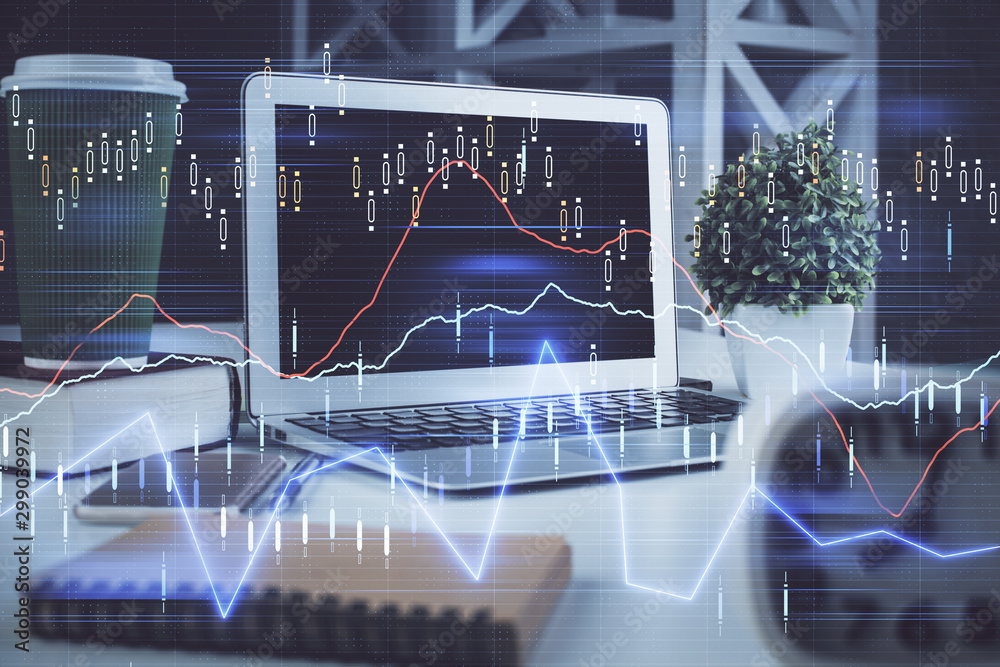 Forex market graph hologram and personal computer on background. Multi exposure. Concept of investment. Forex market graph hologram and personal computer on background. Multi exposure. Concept of investment.