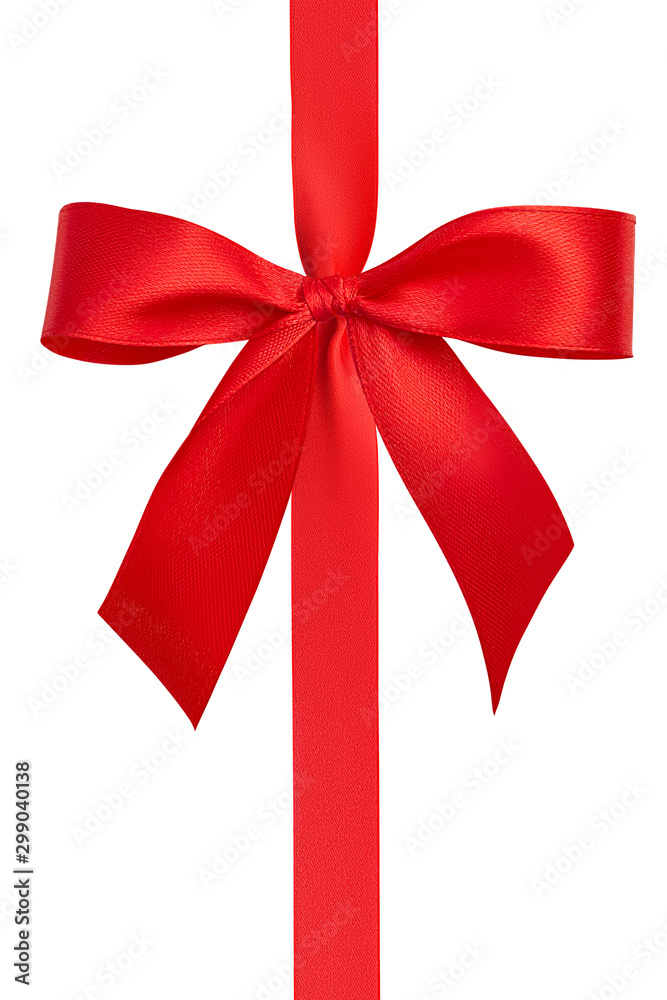 Top view of a beautiful bright simple plain handmade bow with two loops and a vertical red shiny silk ribbon isolated on a white background. Close up design elements. Clipping path Top view of a beautiful bright simple plain handmade bow with two loops and a vertical red shiny silk ribbon isolated on a white background. Close up design elements. Clipping path