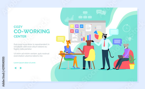 Cozy coworking center vector, office meeting of hipster animals working on new project, raccoon and fox, whiteboard with ideas and results. Website or webpage template, landing page flat style