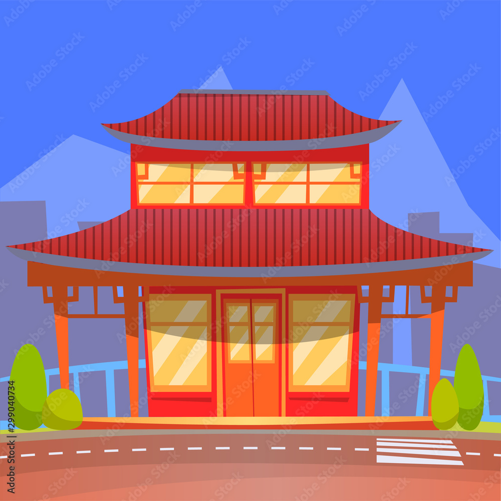 Fototapeta premium Oriental style of architecture, japanese or chinese restaurant with typical construction and roof type. Cityscape and exterior of eatery facade. Vector illustration in flat cartoon style