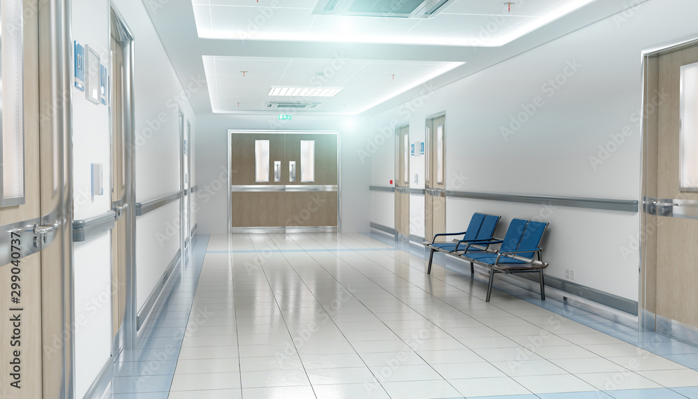 Long hospital bright corridor with rooms and seats 3D rendering