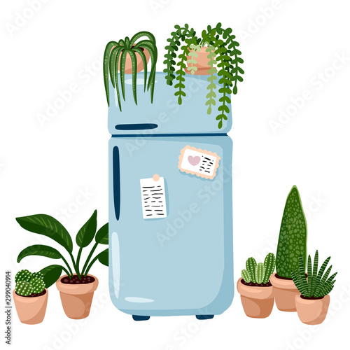 Stylish scandic living room interior -hygge retro fridge and plants. Home lagom decorations. Cozy season. Modern comfy apartment furnished in hygge style. Vector illustration
