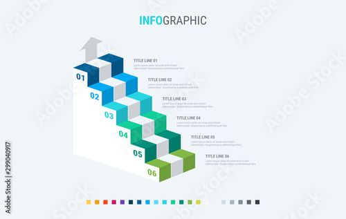 Infographic template. 6 stairs design with beautiful colors. Vector timeline elements for presentations. Cold palette.