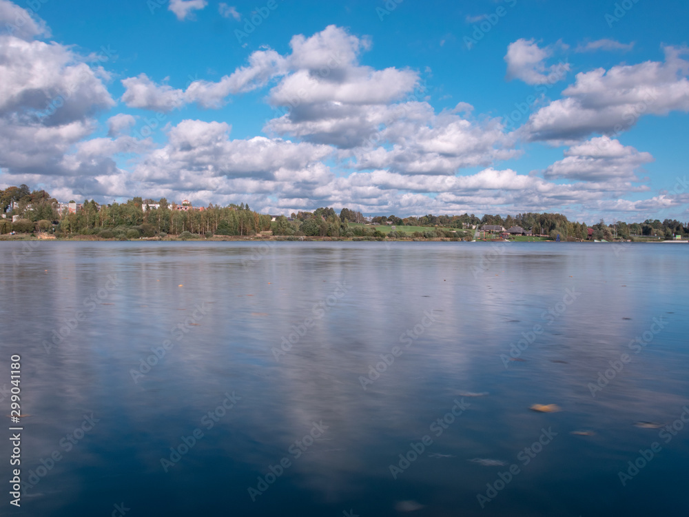 landscape with beautiful cloud reflections of lake water, calm water surface