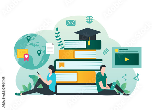 Online education, e-learning, online course concept with students using laptop and smartphone online learning. Illustration for website, landing page and infographic photo