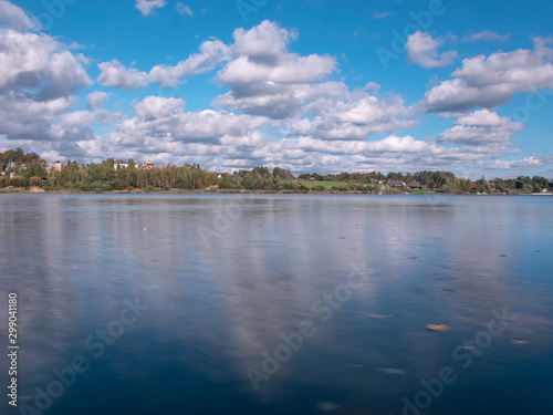 landscape with beautiful cloud reflections of lake water, calm water surface