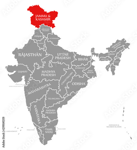 Jammu and Kashmir red highlighted in map of India
