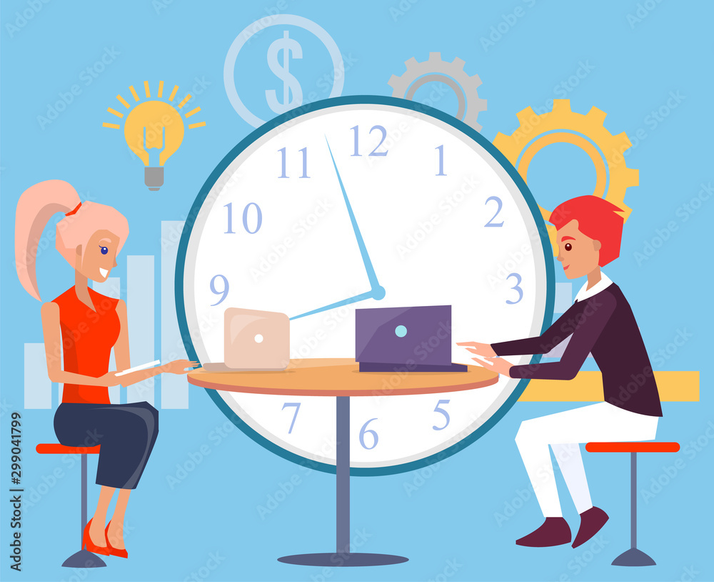 Meeting of business partners, man and woman dealing with working tasks and assignments. Secretary with laptop clock and cogwheel with lightbulb. Vector illustration in flat cartoon style Meeting of business partners, man and woman dealing with working tasks and assignments. Secretary with laptop clock and cogwheel with lightbulb. Vector illustration in flat cartoon style