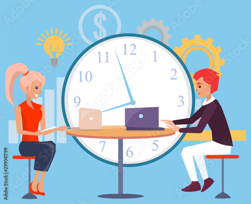 Meeting of business partners, man and woman dealing with working tasks and assignments. Secretary with laptop clock and cogwheel with lightbulb. Vector illustration in flat cartoon style