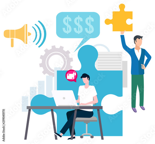 Business man with laptop sitting in office icon of lock and protection. Security and puzzles. Businessman with jigsaw pieces bullhorn megaphone. Teamwork concept. Join our team. Vector in flat style
