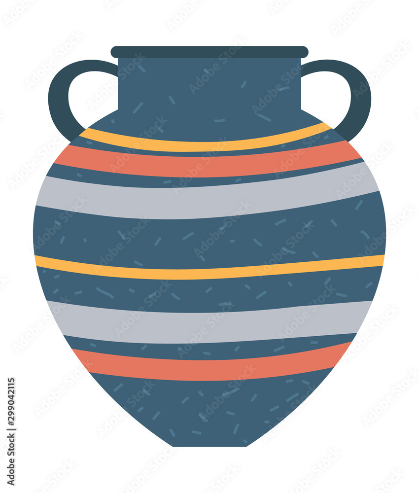 Striped crockery container with handles, isolated vase or vessel. Earthenware craft, retro cup. Ancient traditional ceramic jug, vintage pottery. Vector illustration in flat cartoon style