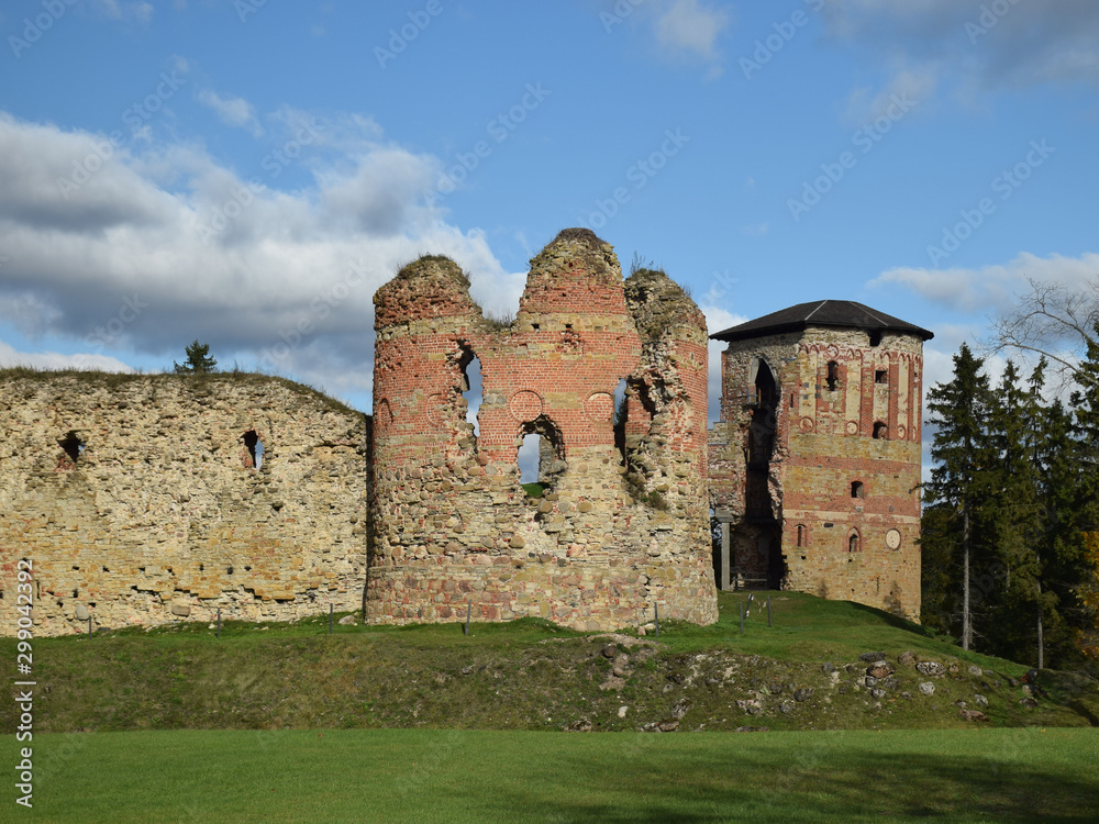 picture with old medieval castle ruins, colorful autumn day