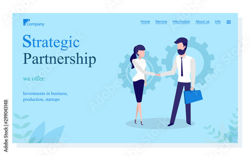 Strategic partnership vector, man and woman handshake of people. Person agreeing on contract, businessman and businesswoman on conference. Website or webpage template, landing page flat style