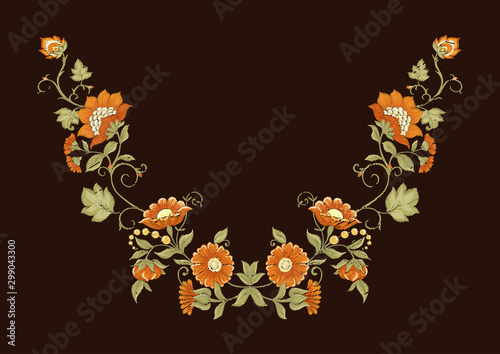 Tradition mughal motif, fantasy flowers in retro, vintage style. Element for design. Embroidery imitation Vector illustration. Isolated on black background