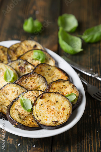 Fried eggplant with herbs. Healthy snack
