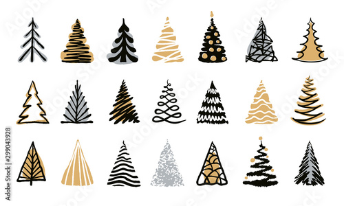 Hand drawn doodle christmas tree set. Gold silver color sketch style holiday trees. New year vector symbol. Simple artistic line stroke. Many group silhouette decor icons isolated on white background
