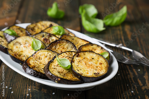 Fried eggplant with herbs. Healthy snack