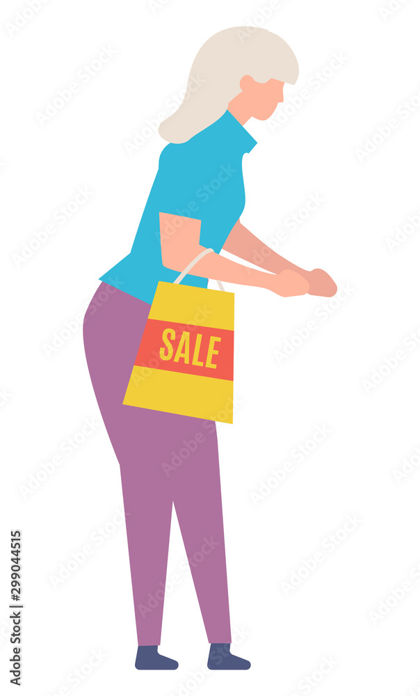 Woman shopping, isolated female character with grey hair holding bag with sale sign. Promotions and offers at shop, stores with prepositions. Vector illustration in flat cartoon style Woman shopping, isolated female character with grey hair holding bag with sale sign. Promotions and offers at shop, stores with prepositions. Vector illustration in flat cartoon style