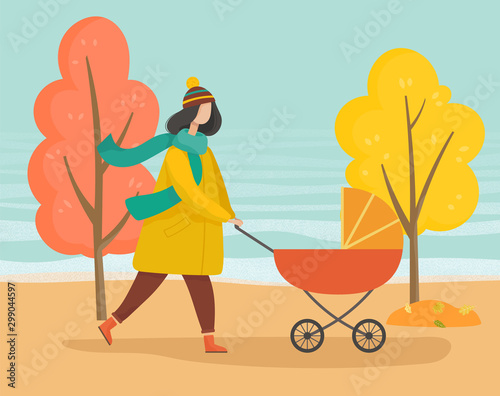 Woman strolling with baby pram in autumn park. Mother taking care about her child in orange carriage. Walking in forest, wood or lawn. Trees with yellow leaves and foliage, fall weather illustration