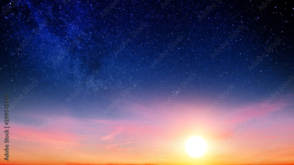 Sunset sky with orange setting sun and red clouds landscape against bright star on black universe background. Wide panorama view of stars in space nature at dark time. Starry night at night wallpaper - obrazy, fototapety, plakaty 