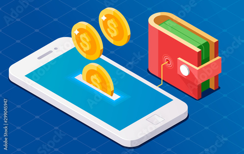 Coin drop in phone. Wallet connect to phone. Isometric illustration.